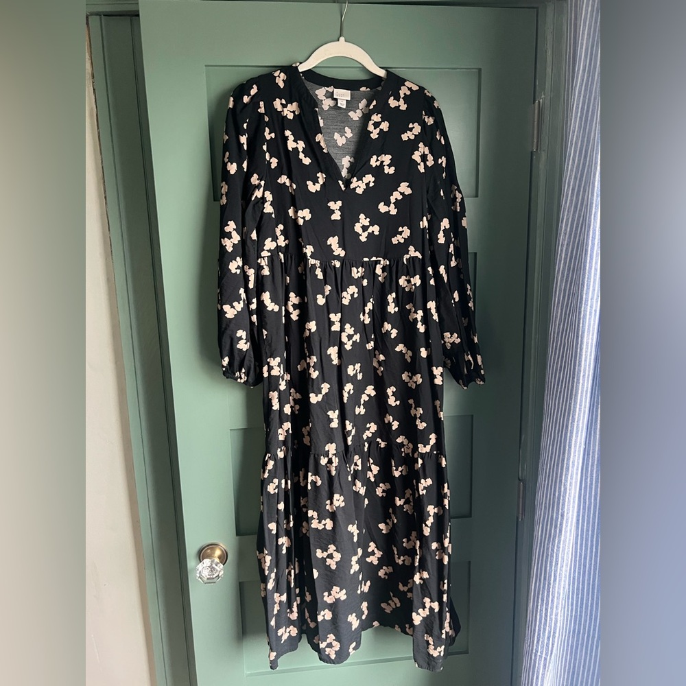 a new day Black Midi Dress with Light Pink Floral  and Long Sleeves size Small